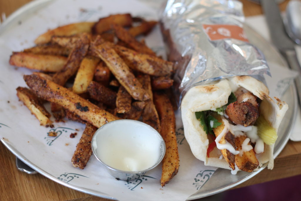 chicken sandwich and fries for brunch at Suraya in Fishtown, Philadelphia