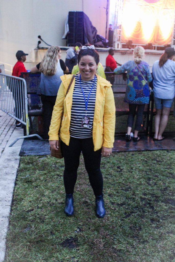 What I wore to SunFest in the rain - Sam Edelman Tinsley rain boots, leggings, striped tee, J.Crew yellow rain jacket, liberty print bow scrunchie