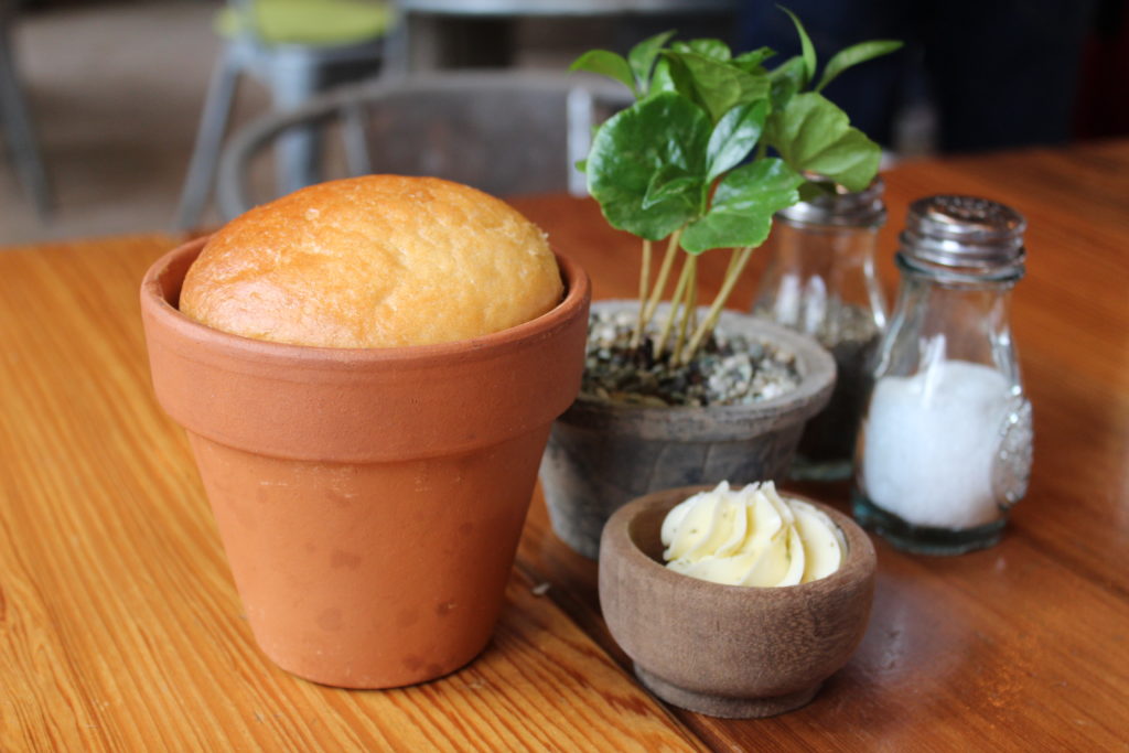 bread in flower pot served at lunch at Terrain Cafe