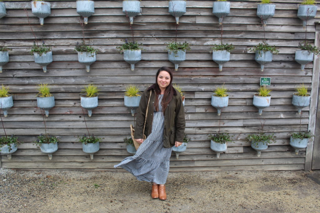 blogger photo wearing gingham Old Navy dress, Sam Edelman Petty ankle boots, Barbour Beadnell jacket at Terrain