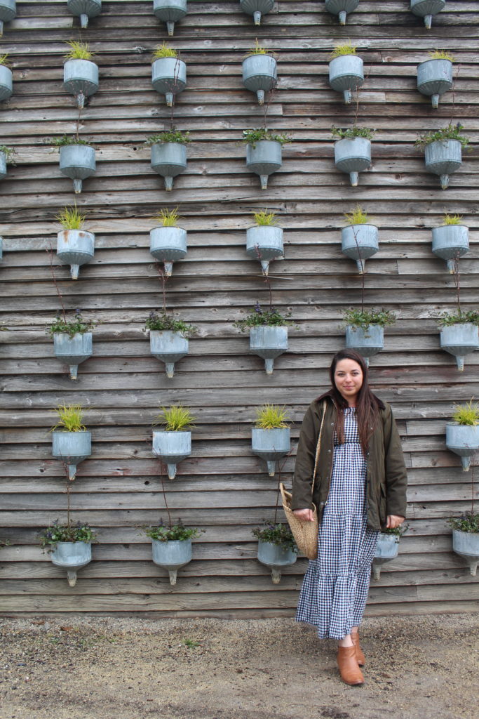 wearing a gingham Old Navy dress in front of a plant wall