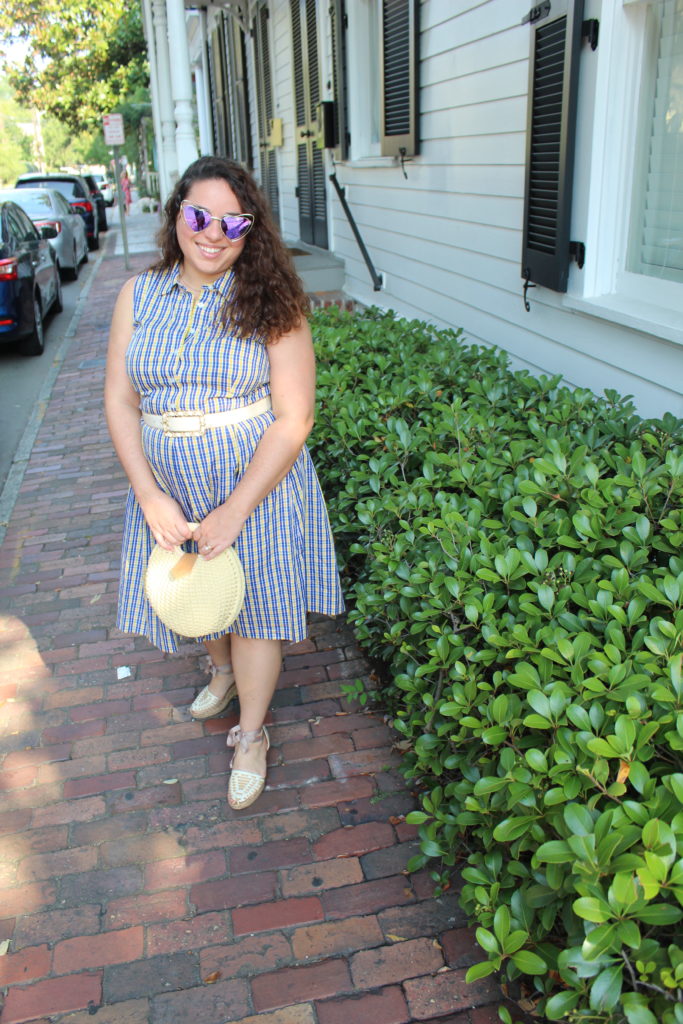 wearing blue and yellow checkered dress with lace up espadrille wedges