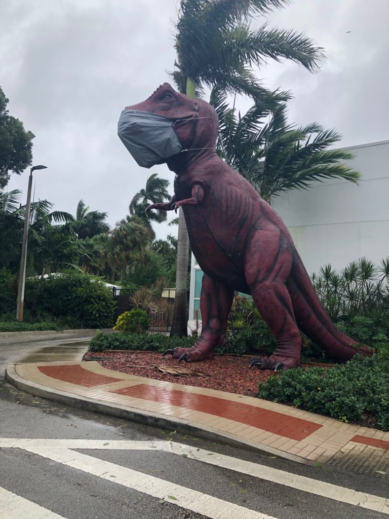 T-Rex in front of the South Florida Science Center wearing a mask